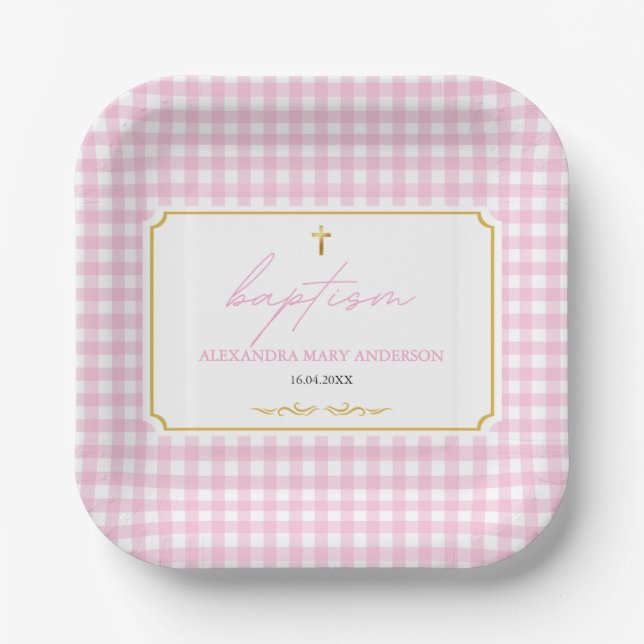 Pink Gingham Girl Baptism Modern Minimalist Design Paper Plates (Front)