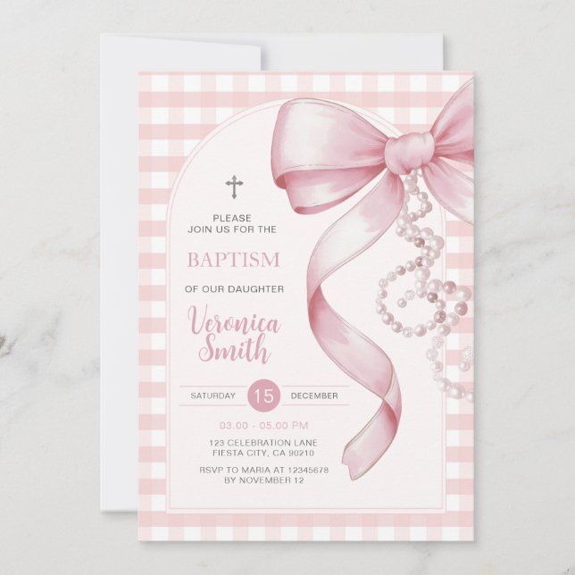 Pink Gingham Girl Baptism Pink Bow Pearl Necklace Invitation (Front)
