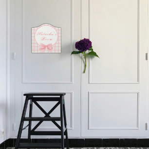 Pink Gingham Girl Nursery Room Door Sign