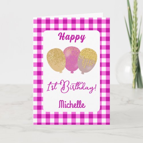 Pink Gingham  Glitter Balloons 1st Birthday Card