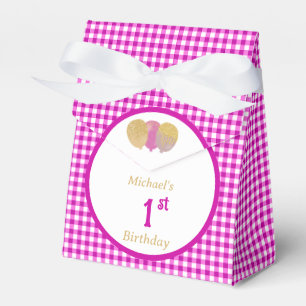 Pink Gingham Glitter Balloons Custom 3 Photos Favor Boxes