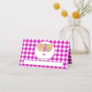 Pink Gingham Glitter Balloons Folded Table  Place Card