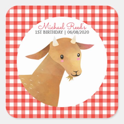 Pink Gingham Goat Farm Animal Birthday Barnyard Square Sticker