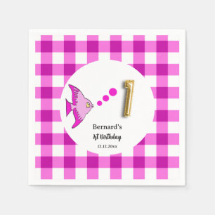 Pink Gingham Gold Foil Balloon Fish 1st Birthday Napkins