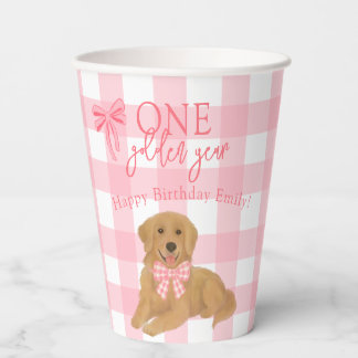 Pink Gingham Golden Retriever One Golden Year Paper Cups
