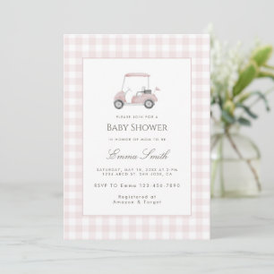 Pink Gingham Golf Cart Baby Shower Invitation
