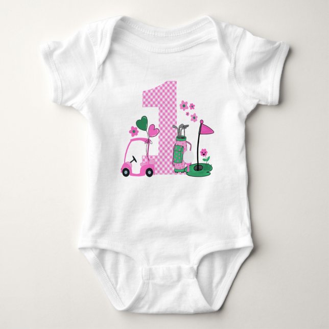 Pink Gingham Golf First Birthday Girl Shirt (Front)