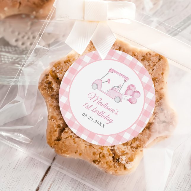 Pink Gingham Golf Girl 1st Birthday Classic Round Sticker (Creator Uploaded)