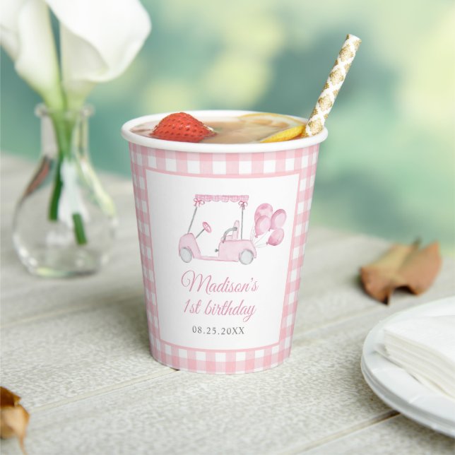 Pink Gingham Golf Girl 1st Birthday Paper Cups (Insitu)