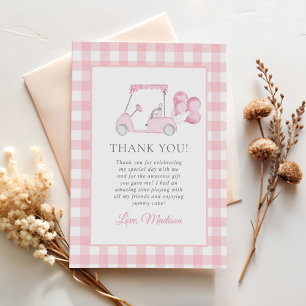 Pink Gingham Golf Girl 1st Birthday Thank You Card