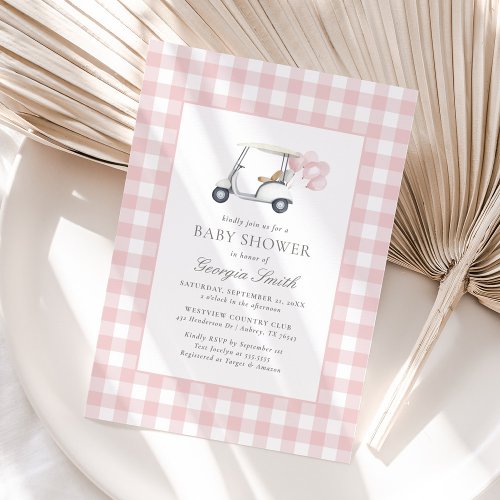 Pink Gingham Golf Girl Baby Shower Invitation