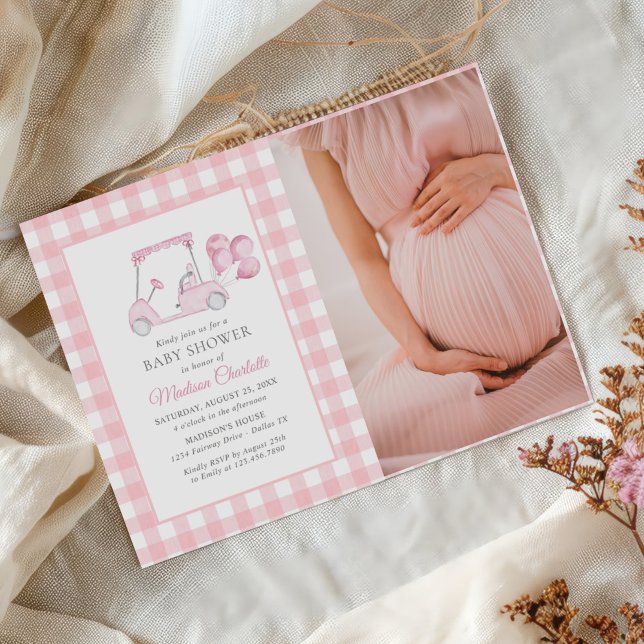 Pink Gingham Golf Girl Baby Shower Photo Invitation (Creator Uploaded)