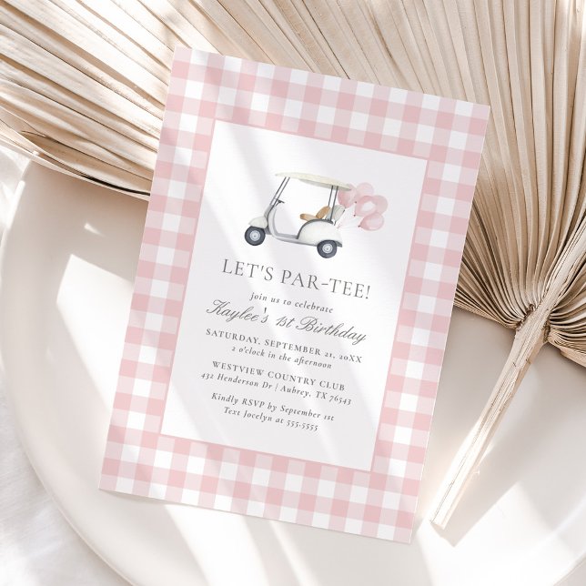 Pink Gingham Golf Girl Birthday Invitation (Creator Uploaded)
