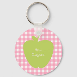 Pink Gingham & Green Apple Teacher Keychain