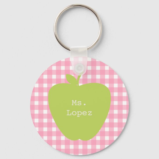 Pink Gingham & Green Apple Teacher Keychain (Front)