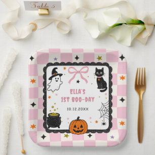 Pink Gingham Halloween Birthday Party Paper Plates