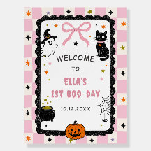 Pink Gingham Halloween Birthday Party Welcome Sign