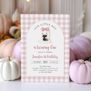 Pink Gingham Halloween Ghost Girl 1st Birthday Invitation