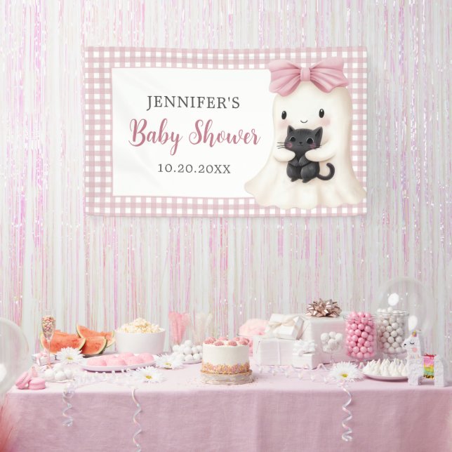 Pink Gingham Halloween Ghost Girl Baby Shower Banner (Party)