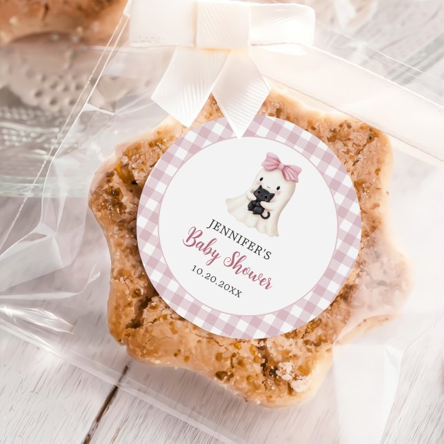 Pink Gingham Halloween Ghost Girl Baby Shower Classic Round Sticker (Creator Uploaded)