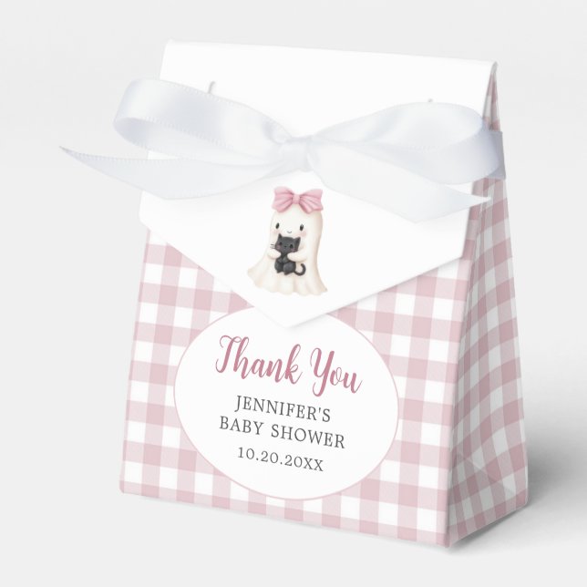 Pink Gingham Halloween Ghost Girl Baby Shower Favor Boxes (Front Side)