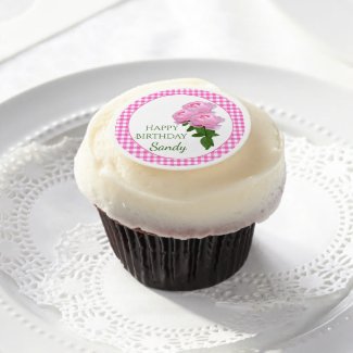 Pink Gingham Happy Birthday Edible Frosting Round