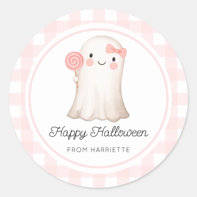 Pink Gingham Happy Halloween Cute Ghost Classic Round Sticker (Front)