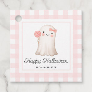 Pink Gingham Happy Halloween Cute Ghost Favor Tags