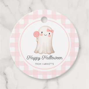 Pink Gingham Happy Halloween Cute Ghost Favor Tags