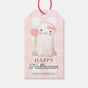 Pink Gingham Happy Halloween Cute Ghost Gift Tags