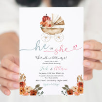 Pink Gingham He or She Blue Pumpkin Gender Reveal Invitation