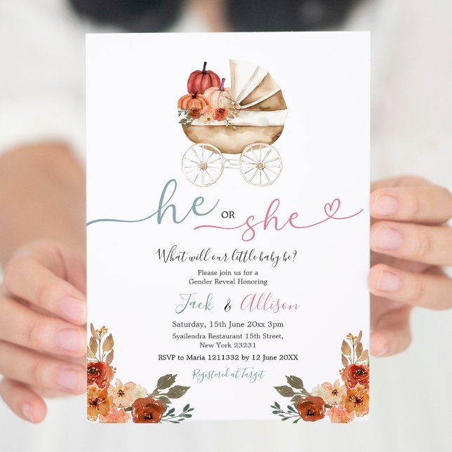 Pink Gingham He or She Blue Pumpkin Gender Reveal Invitation (Creator Uploaded)