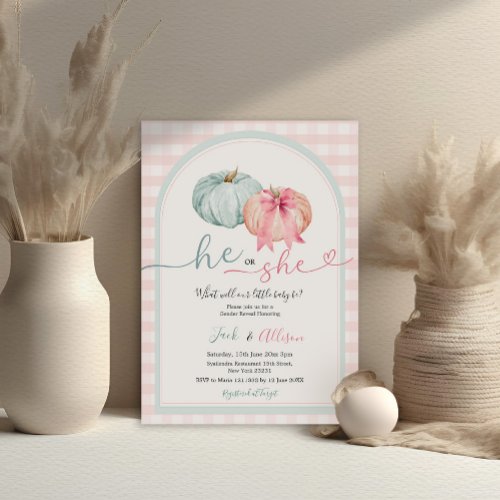 Pink Gingham He or She Blue Pumpkin Gender Reveal Invitation