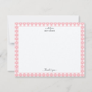 Pink Gingham Heart Border Thank You Stationery Note Card