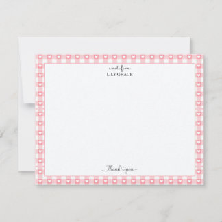 Pink Gingham Heart Border Thank You Stationery Note Card