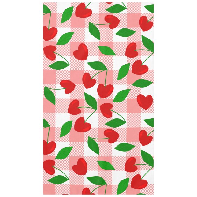 pink gingham Heart Shape Cherry rockabilly Tablecloth (Front)