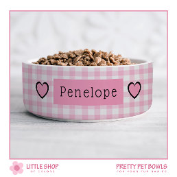 Pink Gingham Hearts Personalized Pet Bowl