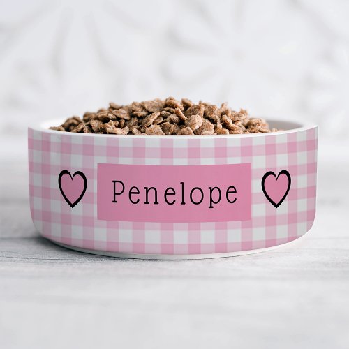 Pink Gingham Hearts Personalized Pet Bowl