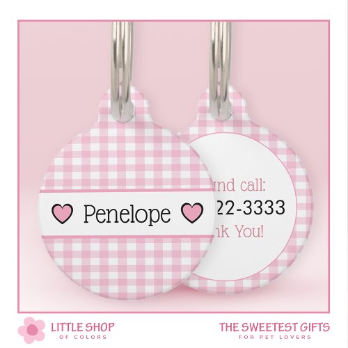 Pink Gingham Hearts Personalized Pet ID Tag