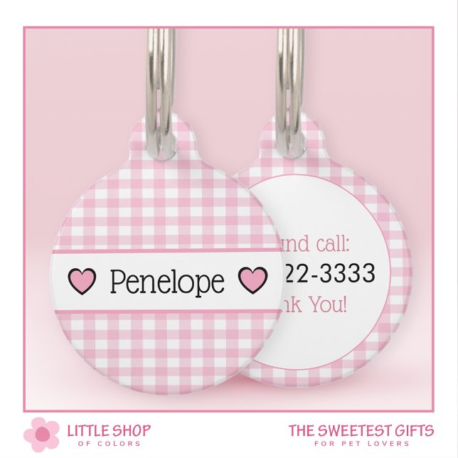 Pink Gingham Hearts Personalized Pet ID Tag (Creator Uploaded)