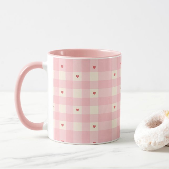 Pink Gingham Hearts Valentine  Mug (With Donut)