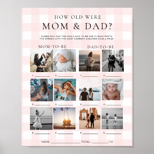 Pink Gingham How Old Were Mom and Dad Photo Game Poster