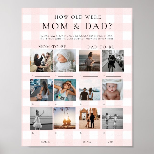 Pink Gingham How Old Were Mom and Dad Photo Game Poster (Front)