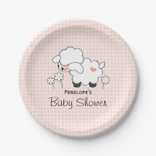 Pink Gingham Lamb Baby Girl Shower Paper Plates