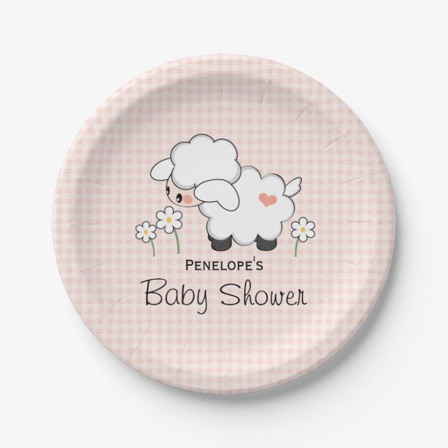Pink Gingham Lamb Baby Girl Shower Paper Plates (Front)