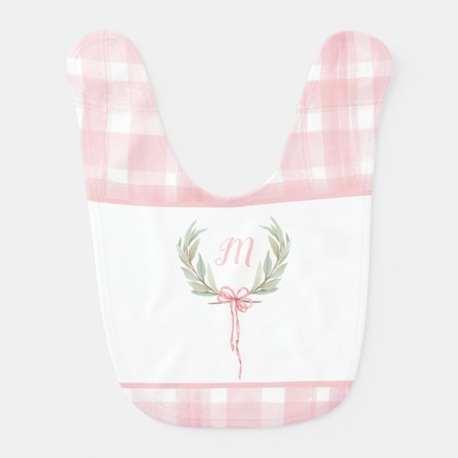 Pink Gingham Laurel Crest Baby Bib (Front)