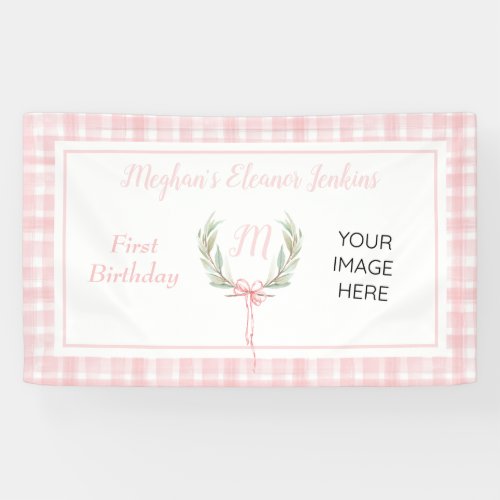 Pink Gingham Laurel Crest Birthday Banner