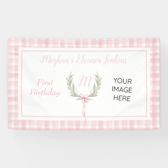 Pink Gingham Laurel Crest Birthday Banner (Horizontal)
