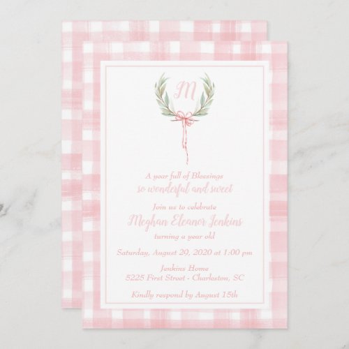 Pink Gingham Laurel Crest First Birthday Invitation