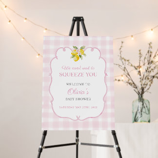 Pink Gingham Lemon Baby Shower Welcome Sign